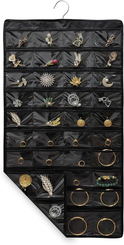 2 PACK (Each Pack 80 Pockets,Total 160 Pockets) Hanging Jewelry Organizer with Hanger Metal Hooks Storage On Wall Door Closet Double-Sided Jewelry Holder for Earrings, Necklaces, Rings (2 Pcs Black)