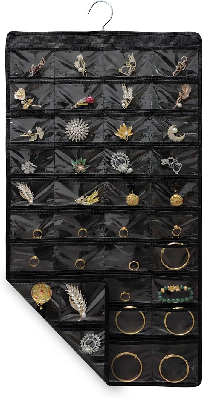 80 Pocket Hanging Jewelry Organizer with Hanger Metal Hooks Storage On Wall Door Closet Double-Sided(Each Side 40 Pockets) Jewelry Holder for Earrings, Necklaces, Rings (4 PACK BLACK)
