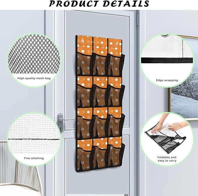 Large Capacity 12-Section Door Hanging Storage Bag, Oxford Fabric Waterproof Scratch-Resistant and for Home Organization, Dots Print Dark Orange