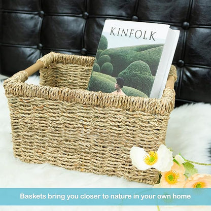 Natural Seagrass Basket with Wooden Handle, Medium Rectuangular Wicker Basket for Living Room 12.2 x 8.9 x 6.7 inches - 3 Pack