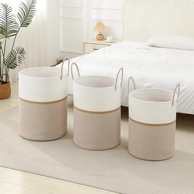 Laundry Basket Hamper Tall Rope Storage Woven for Blanket toys Dirty Clothes in Living Room Bathroom Bedroom (Blend White & Camel, 60L/15.8Gal)