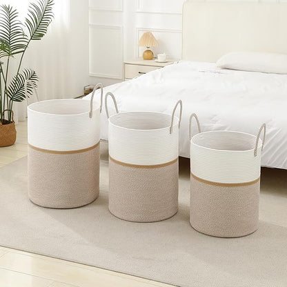 Laundry Basket Hamper Tall Rope Storage Woven for Blanket toys Dirty Clothes in Living Room Bathroom Bedroom (Blend White & Camel, 60L/15.8Gal)