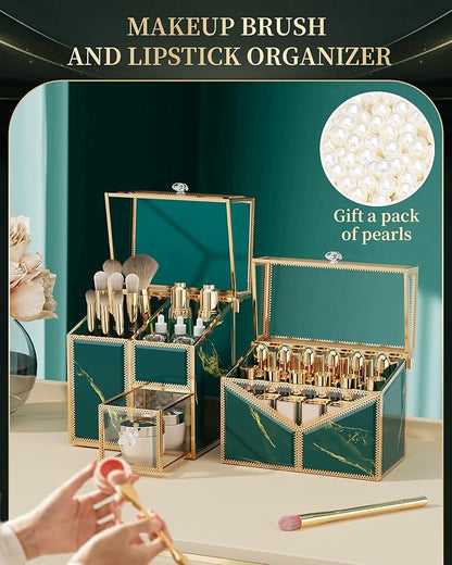 CoralHouse Makeup Organizer Countertop Set – Vanity Holder with 18-Slot Lipstick Organizer & Covered Makeup Brush Holder – Skincare, Perfume & Cosmetic Display for Bathroom or Dresser