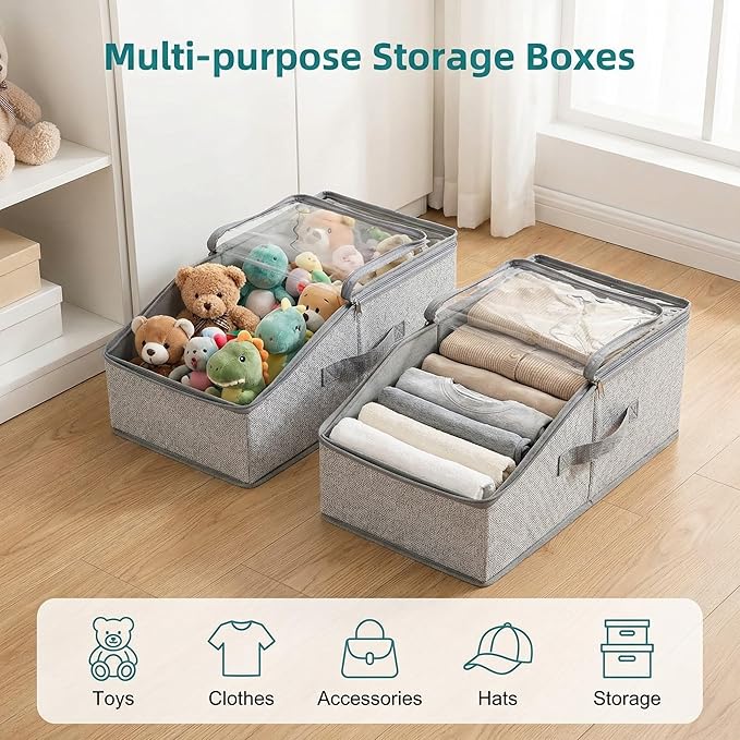2PCS Hat Storage for Baseball Caps - Stackable Hat Organizer for Closet, Holds up to 30 Caps with Clear Window, Space-Saving Hat Box for Home Storage, Breathable Fabric, Grey