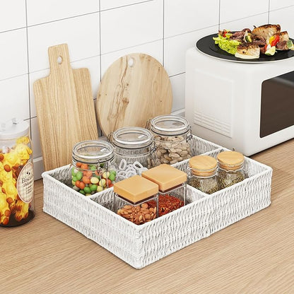 Vagusicc Wicker Divided Storage Basket, White Wicker Baskets, Basket for Shelves Drawer Organizing, 3 Section Rectangular Woven Storage Baskets, 2-Pack