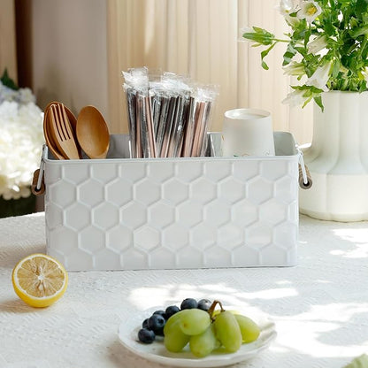 Silverware Caddy for Party Kitchen Flatware Holder for Countertop Metal White Honeycomb Pattern Embossed Cutlery Organizer with 3 Compartments for Utensils, Spoons, Knives, Forks, Cups,