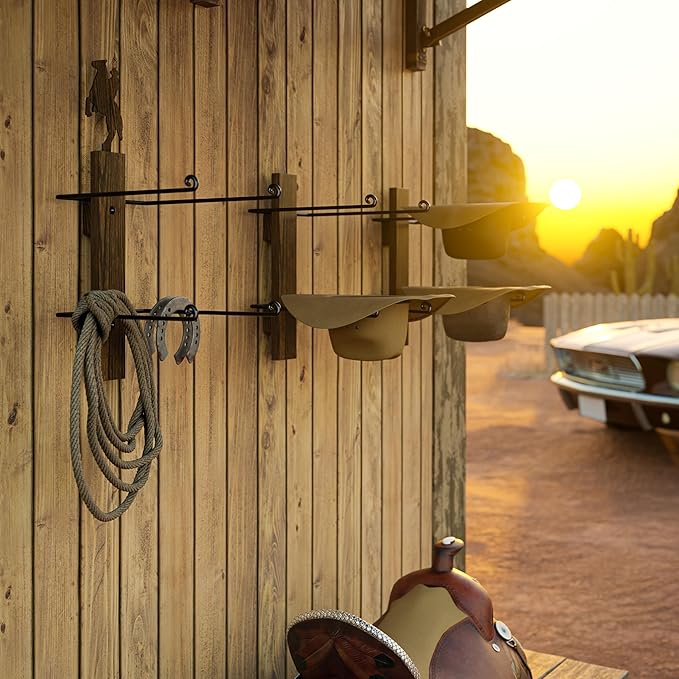 P-ALADIN Cowboy Hat Holder with Horse Decor, Cowboy Hat Rack for Wall, 6-Piece Wall-Mount Western Hat Organizer with Wooden Board – Storage Hat Holder Organizer