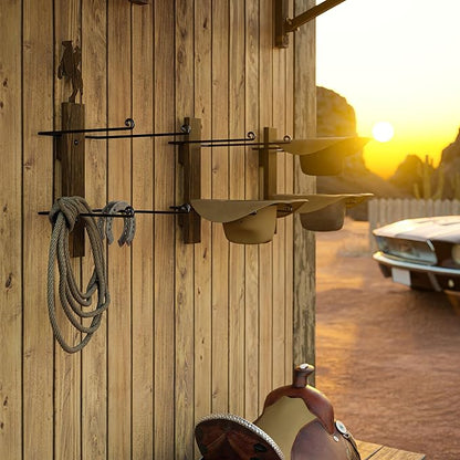 P-ALADIN Cowboy Hat Holder with Horse Decor, Cowboy Hat Rack for Wall, 6-Piece Wall-Mount Western Hat Organizer with Wooden Board – Storage Hat Holder Organizer