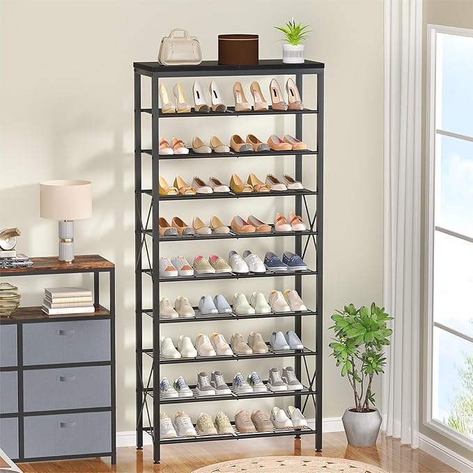 10-Tier Shoe Rack Organizer, Large Shoe Shelf with Metal Shelves, X Frames, Adjustable Shelves, Holds 40 Pairs, Black