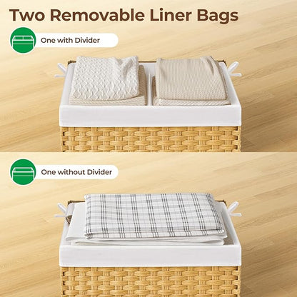 GREENSTELL Storage Basket with Lid, 27.7 Gallon(105L) Lagre Wicker Blanket Storage Basket with Handles, Foldable, 2 Removable Liner Bags, Metal Frame, for Bedroom, Laundry Room, Natural