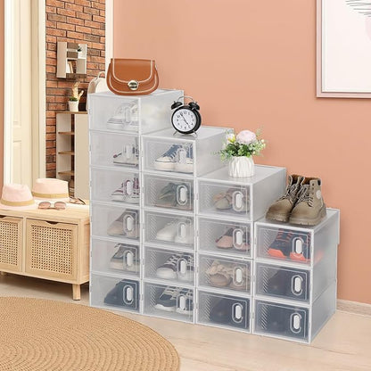 18 Pack Large Shoe Storage Boxes Organizers Clear Plastic Stackable, Modular Space Saving Shoe Boxes Sneaker Storage for Sneakerheads,Toy Storage Organizer Bins for Entryway, Closet, Under Bed, White