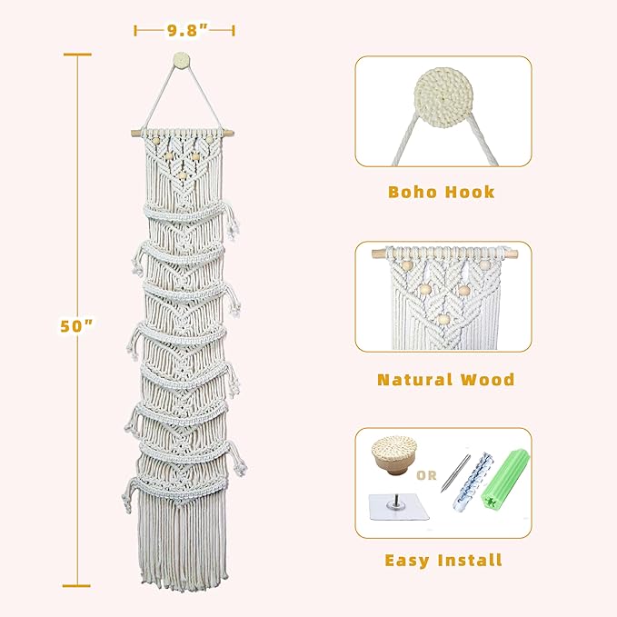 2 Pack 8-Tier Macrame Baseball Cap Organizer With Boho Hooks—Handwoven Boho Cap Holder,Macrame Hat Hangers-Space Saving Wall Storage for Living Room, Bedroom, Entryway