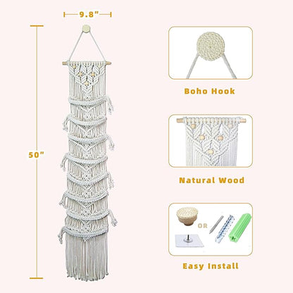 2 Pack 8-Tier Macrame Baseball Cap Organizer With Boho Hooks—Handwoven Boho Cap Holder,Macrame Hat Hangers-Space Saving Wall Storage for Living Room, Bedroom, Entryway