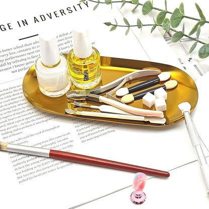 Nail Tools Gold Tray for Decor Manicure Accessory Storage Display Tray Jewelry Rhinestone Dish Cosmetics Organizer Oval Nail Art Decorative Small Storage Plate