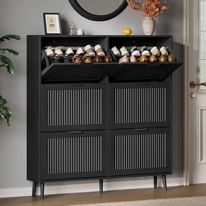 Xixini Shoe Storage Cabinet with 6 Flip Drawers, 50" Tall Narrow Wood Fluted Shoe Organizer for Entryway, Freestanding Wooden Hidden Slim Shoe Rack for Front Door Entrance, Hallway, Foyer, Solid Black