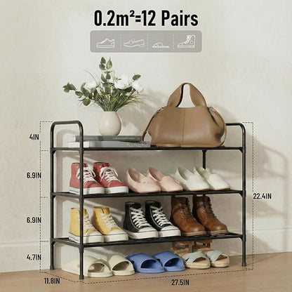 3-Tler Shoe Rack Organlzer, Rustproof lron, Spaclous Shoe Storage Shelf for Closet or Entryway, Fits Sneakers & Slippers, Black