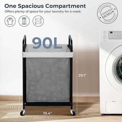 STO STO Laundry Hamper, 90L Rolling Laundry Sorter Cart with Removable and Washable Liner Bag, Clothes Hamper with Wheels and Metal Handle for Laundry Room and Bedroom, Gray