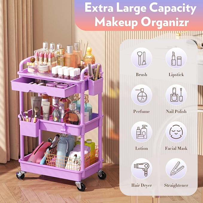 SUNALLY Makeup Cart Organizer with Drawers, Floor Skincare Organizers Vanity Storage Organizer, Rolling Makeup Bathroom Storage Cart Cosmetics Display Cases for Skin Care Perfume Nail Polish, Purple