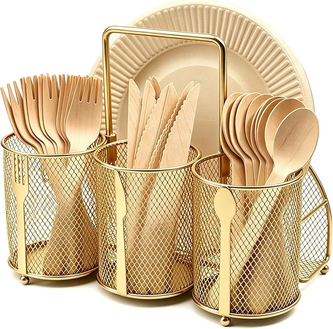 Silverware Organizer Utensil Caddy - 4 Compartment Metal Cutlery Holder Flatware Storage Basket Fork Spoon Napkin Paper Plate Kitchen Countertop Party Picnic Camping Buffet Outdoor (Gold)