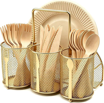 Silverware Organizer Utensil Caddy - 4 Compartment Metal Cutlery Holder Flatware Storage Basket Fork Spoon Napkin Paper Plate Kitchen Countertop Party Picnic Camping Buffet Outdoor (Gold)