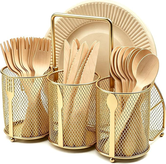 Silverware Organizer Utensil Caddy - 4 Compartment Metal Cutlery Holder Flatware Storage Basket Fork Spoon Napkin Paper Plate Kitchen Countertop Party Picnic Camping Buffet Outdoor (Gold)