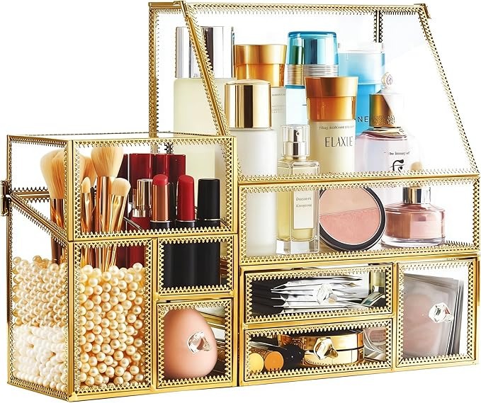 Tempered Glass Makeup Organizer with Gold Heart Shaped Metal Frame, Large Cosmetic Storage Drawer Cabinet, Dustproof Vanity Display Case for Lipstick Makeup Brush Skincare