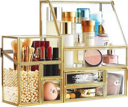 Tempered Glass Makeup Organizer with Gold Heart Shaped Metal Frame, Large Cosmetic Storage Drawer Cabinet, Dustproof Vanity Display Case for Lipstick Makeup Brush Skincare