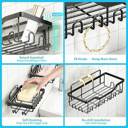 Fammart Adhesive Shower Caddy, 5-Pack Rustproof Stainless Steel Bathroom Organizer with 28 Hooks, No-Drill Large Capacity Shower Shelves for Bathroom Storage & Home Décor, Black