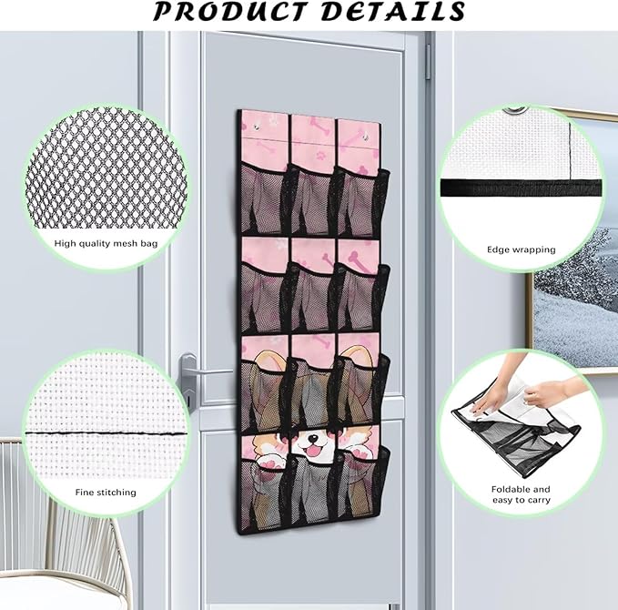 Door Hanging Shoe Organizer Mesh Fabric Pink Over The Door Shoe Organizer for Closet 12 Pockets Cute Corgi Wall Hanging Storage Space Saving Shoe Holder Hanger