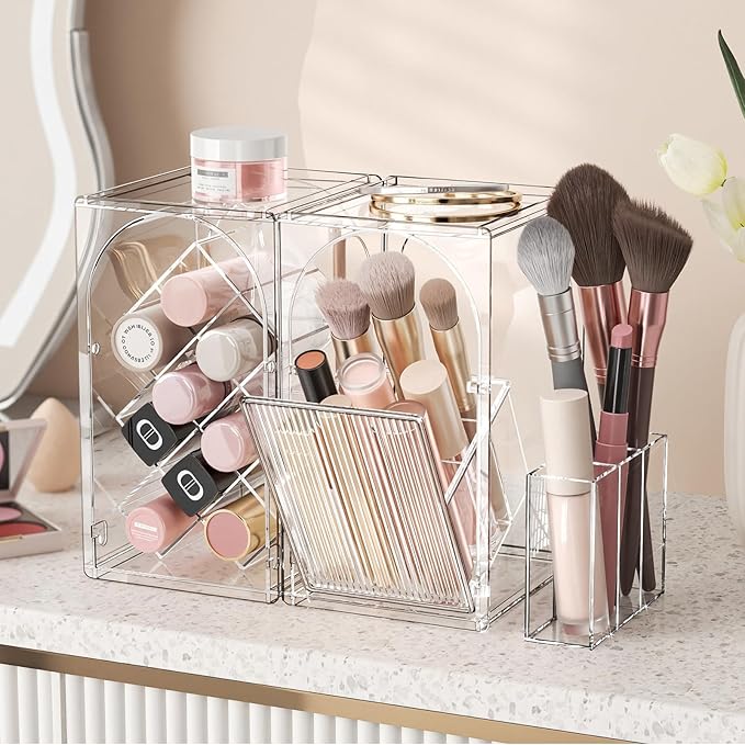 INVSSENE Stackable Makeup Organizer Countertop, Storage Perfume Skincare Cosmetic Lipstick Face Mask Makeup Brush Palettes, Ideal for Vanity Bathroom Counter
