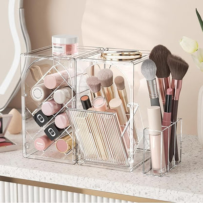 INVSSENE Stackable Makeup Organizer Countertop, Storage Perfume Skincare Cosmetic Lipstick Face Mask Makeup Brush Palettes, Ideal for Vanity Bathroom Counter