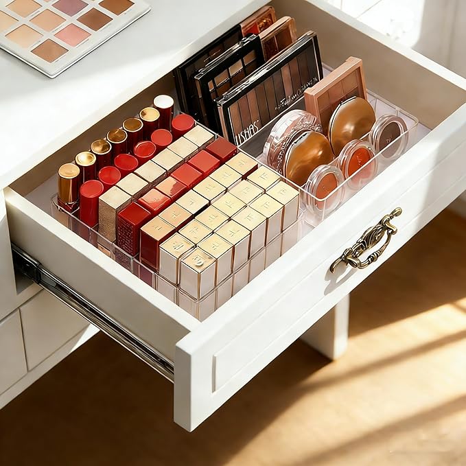 Acrylic Makeup Palette Organizer - Lipstick Organizer - 7-Divided Eyeshadow Palette Organizer for Drawer - Cosmetics Display Storage for Vanity Bathroom Countertop - Clear Cosmetic Organizer