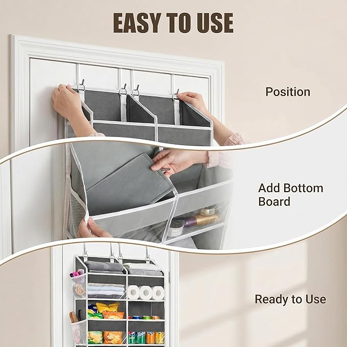 Dual Column Over the Door Organizer with Toiletry Bag - 5 Self Hanging Organizer with 10 Compartments - Heavy Duty Behind the Door Storage for Bedroom, Bathroom, Pantry, Nursery (Grey)
