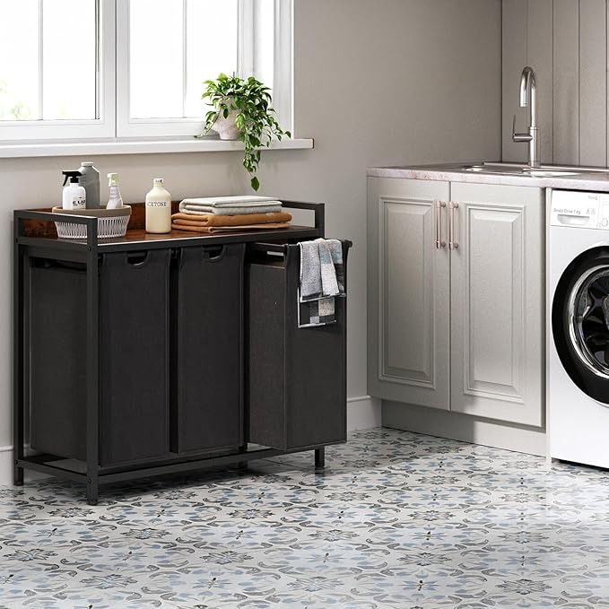 Herture Laundry Hamper with Shelf, Laundry Basket 3 Section, Laundry Sorter with Pull-Out Removable Large Bags and Movable Wheels, Metal Frame, 3 x 15.87 Gallons (60L), Rustic Brown + Black PF04XLY