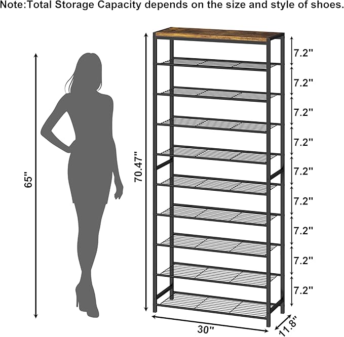 HOMEFORT 10 Tiers Shoe Rack Organizer,30" Shoe Storage Shelf for Closet, Shoe Rack for Entryway,Holds 36-40 Pairs of Shoe, Tall Shoe Stand with Metal Shelves and MDF Top Board,Rustic Brown