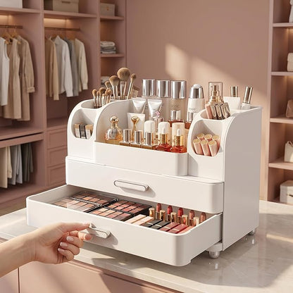 Makeup Organizer with 2 Drawers, Cosmetic Display Case, Storage Holder for Vanity, Bathroom Counter, Desk, Beauty Supplies (All White)