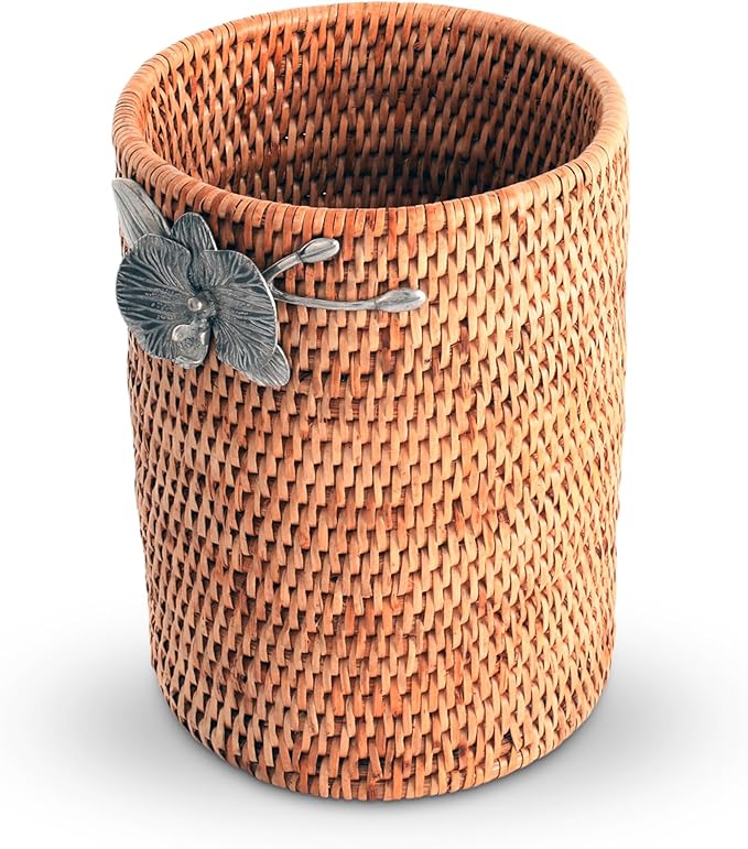 Vagabond House Wicker Rattan Utensil Holder, 8 Inches Tall, Large Kitchen Organizer with Pewter Orchid, Woven Boho Decor for Practicality and Style