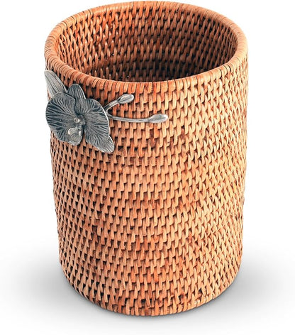 Vagabond House Wicker Rattan Utensil Holder, 8 Inches Tall, Large Kitchen Organizer with Pewter Orchid, Woven Boho Decor for Practicality and Style