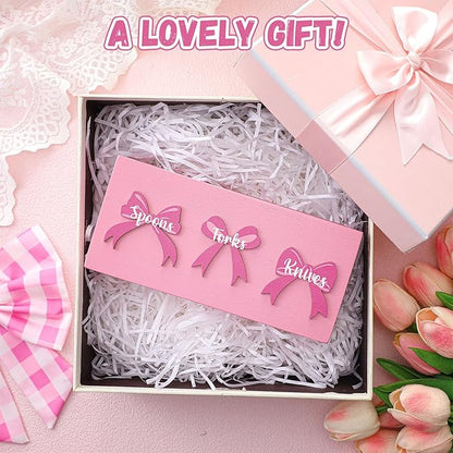 Patelai Pink Bow Wood Flatware Silverware Caddy for Countertop Small Decorative Christmas Utensil Holder Kitchen Counter with 3 Compartment Farmhouse Knife Spoon and Fork Holder for Party Kitchen