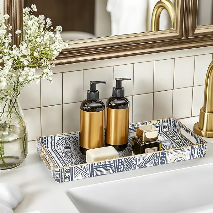 MAONAME Plastic Vanity Tray, Small Bathroom Counter Tray, Narrow Decorative Trays with Handles, Storage Dresser Trays Organizer for Toilet Tank, Jewelry, Makeup, 13.8" x 6" x 1.57"