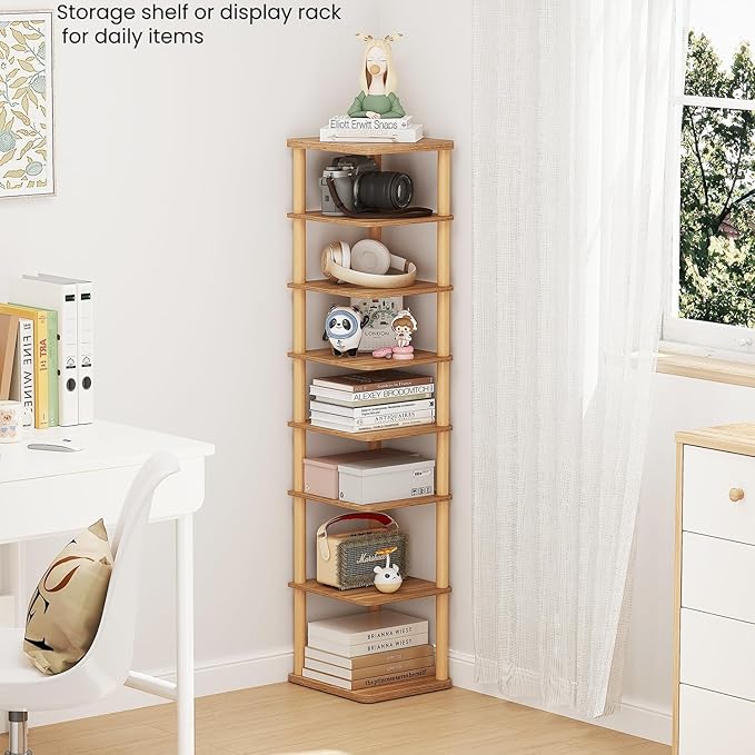 LUCKNOCK Vertical Shoe Rack, 8-Tier Tall Narrow Shoe Organizer for Entryway, Closet, Dorm & Small Spaces, Freestanding Wooden Shoe Shelf Tower for Boots, Sneakers, Heels. (Walnut)
