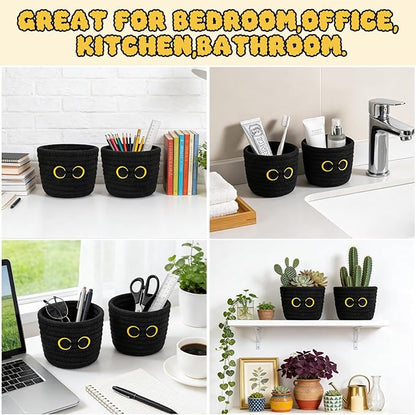 2 Pack Black Cat Makeup Brush Holder- Cute Cat Oval Mini Woven Cotton Rope Basket, Small Comb Brush Storage Decorative Empty Basket for Pencil Cosmetics Organizer Wedding Lover Gift,4 x 4 IN