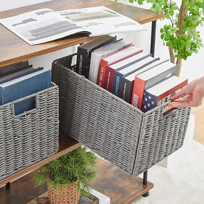 Vagusicc Wicker Storage Basket, Set of 2 Hand-Woven Paper Rope Wicker Basket, Small Storage Baskets for Organizing Toilet Paper Basket, Foldable Large Cube Storage Organizer Bins for Shelves (Grey)