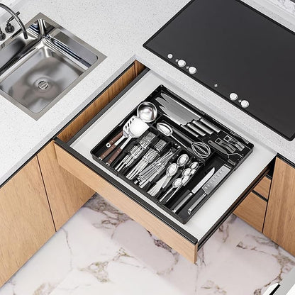 BPA-Free Expandable Utensil Drawer Organizer - Black Plastic Adjustable Storage Tray for Kitchen Flatware, Knives, Forks and Spoons