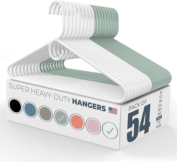 Super Heavy Duty Clothes Hangers 50 Pack (54 Count) – Made in the USA - 10lb Capacity, Thick Plastic Hangers for Pants, Coats, Jackets, Jeans and Adult Clothing – White & Mint