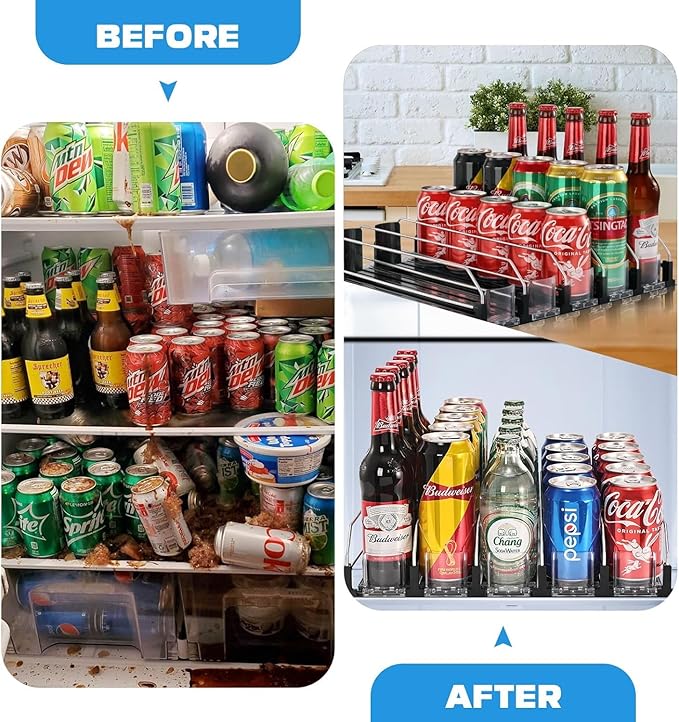 Soda Can Organizer for Fridge, Self-Pushing Drink Holder for Refrigerator, Adjustable Width Beverage Water Beer Storage for Kitchen Pantry, Holds up to 30 Cans
