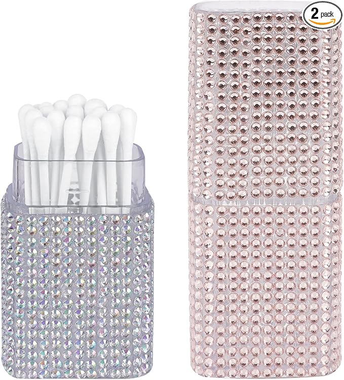 2 Pack Cotton Swab Holder for Travel, Portable Diamond Dental Floss Storage Box, Small Qtips Case Cosmetic Sponge Dispenser Container (Light Pink & Multicolor)