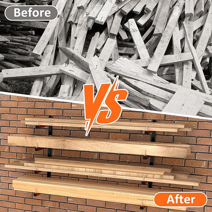 2 Pack Lumber Storage Rack, Wall Mount Removable & Adjustable Lumber Rack with 4-Level Holds Up 520 Lbs, Heavy Duty Metal Garage Wood Rack for Workshop, Basement, Indoor and Outdoor