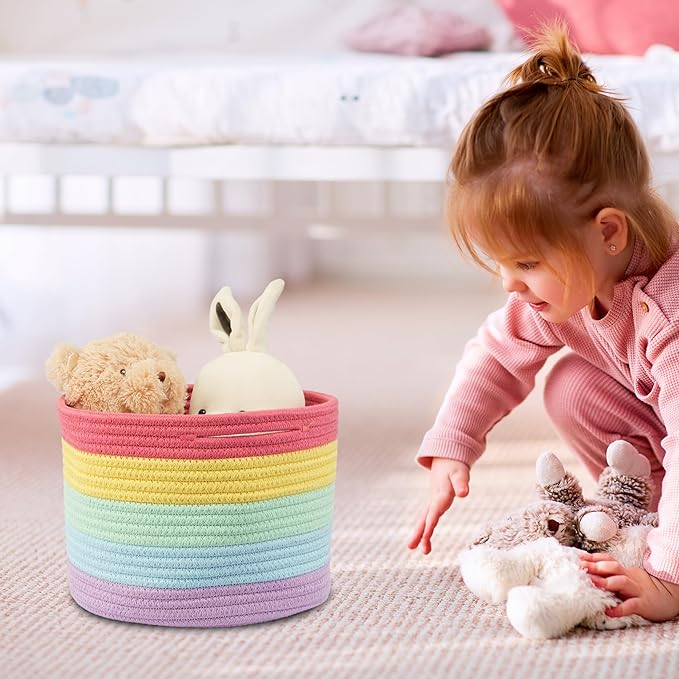 XUANGUO Woven Cotton Rope Storage Baskets - 3-Pack Round Bins for (10x10x7'') Shelves, Closets & Bookcases | Durable Rope Organizers for Nursery, Baby, Gifts, Easter & More (rainbow)