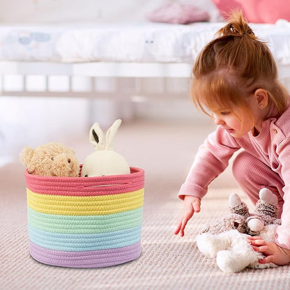 XUANGUO Woven Cotton Rope Storage Baskets - 3-Pack Round Bins for (10x10x7'') Shelves, Closets & Bookcases | Durable Rope Organizers for Nursery, Baby, Gifts, Easter & More (rainbow)